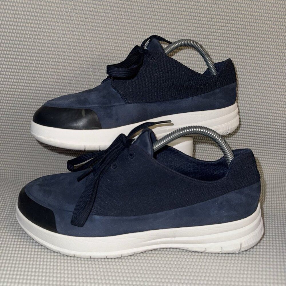 FitFlop Sporty-Pop Blue White Suede Comfort Platform Sneakers Shoes Women’s 9